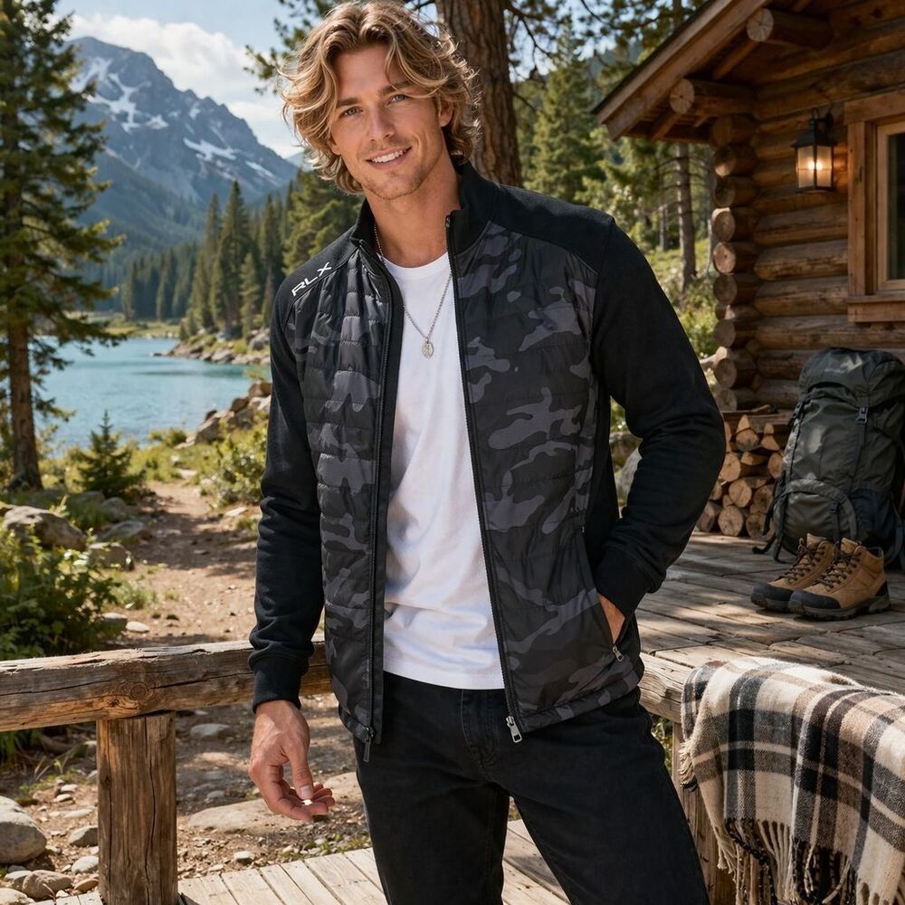 RLX‎ RALPH LAUREN New Jacket XL Black Camo Full Zip Wool Blend Performance